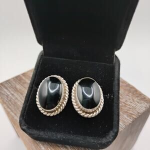 Taxco Black Onyx Stud Earrings Marked TZ-15